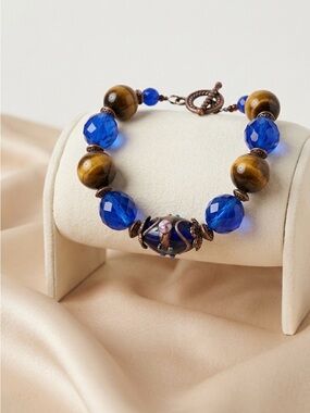 Handmade Wedding Cake, Tigers Eye & Faceted Cobalt Blue Beaded Bracelet 7” NWT